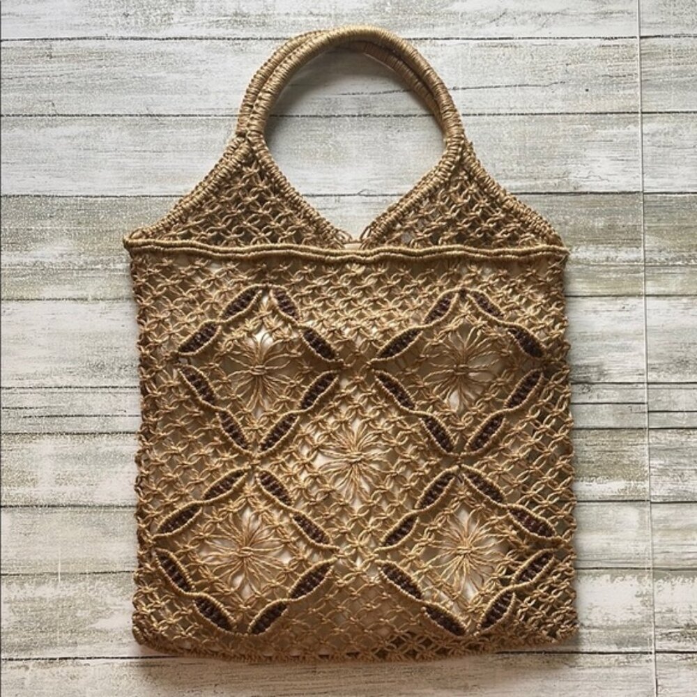 Vintage Woven Tote Bag Natural Color with Flower Pattern